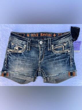 Rock Revival Embroidered Dark Blue Denim Shorts with Orange Trim